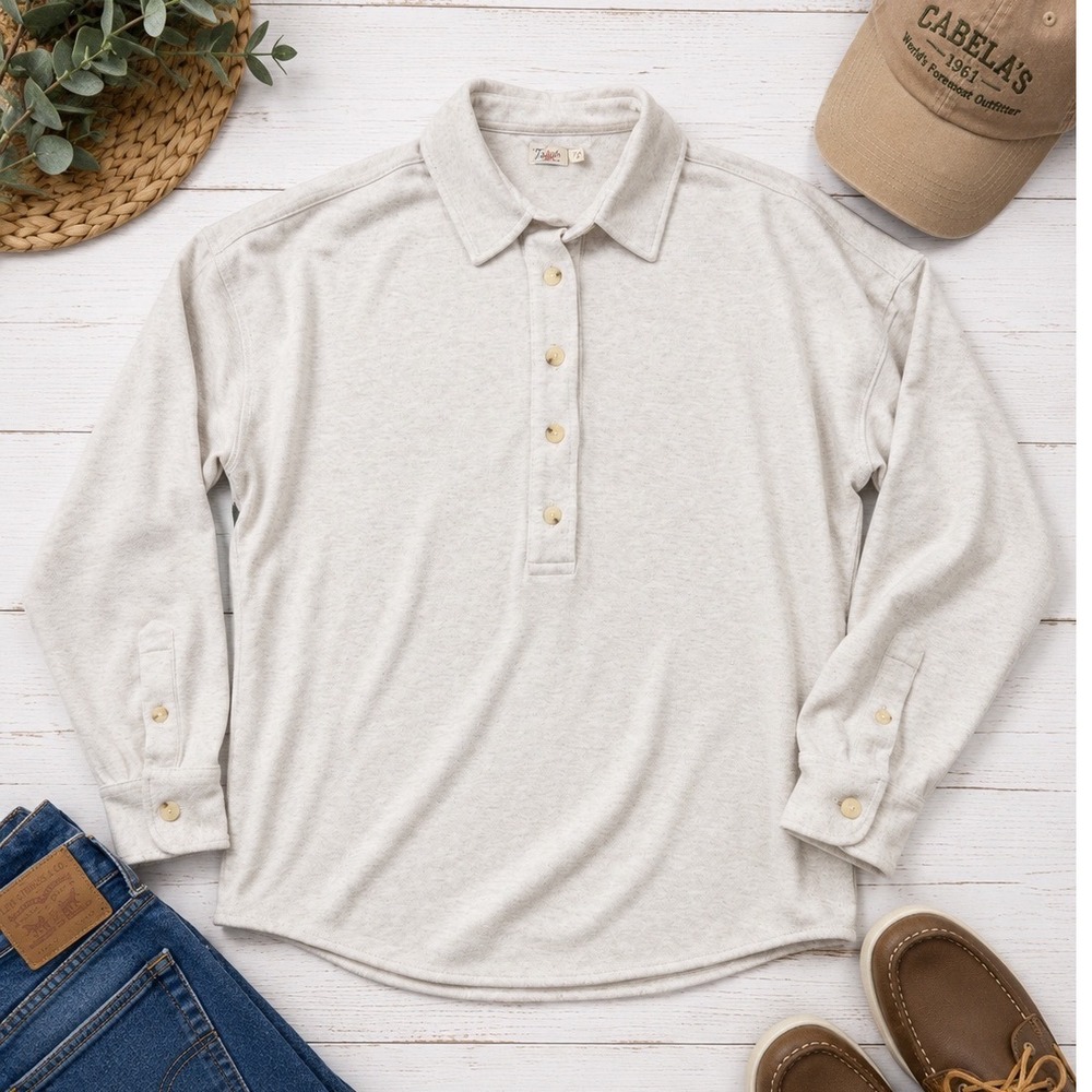 Faherty Mens Long Sleeve Polo Shirt Oatmeal Heather Knit Size S Sustainable